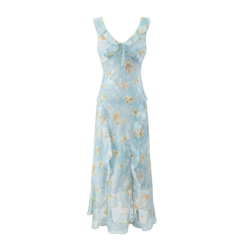 Spring/Summer New 2026 Elegant Floral Print Strap Dress for Women, A-line Long Dress, French Ruffle Twirling Fairy Dress Spring/Summer New 2026 Elegant Floral Print Strap Dress for Women, A-line Long Dress, French Ruffle Twirling Fairy Dress