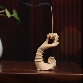 小叶黄杨木雕莲花佛手香插手把件摆件倒流香香炉摆件客厅家居装饰
