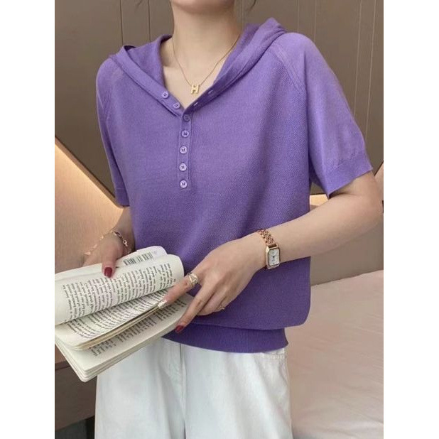 外国貿易新しい夏のフード付き半袖 Tシャツ女性のルーズ半袖パーカーアイスシルクトップセーター薄いスウェットシャツ|undefined