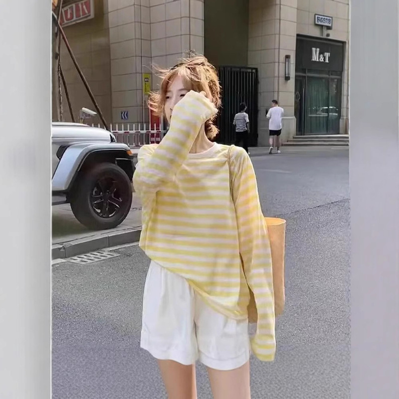 [Factory Ready Stock] Tencel Rib + Solona Contrast Stripesd Sun Protection Blouse Summer Loose Thin T-Shirt