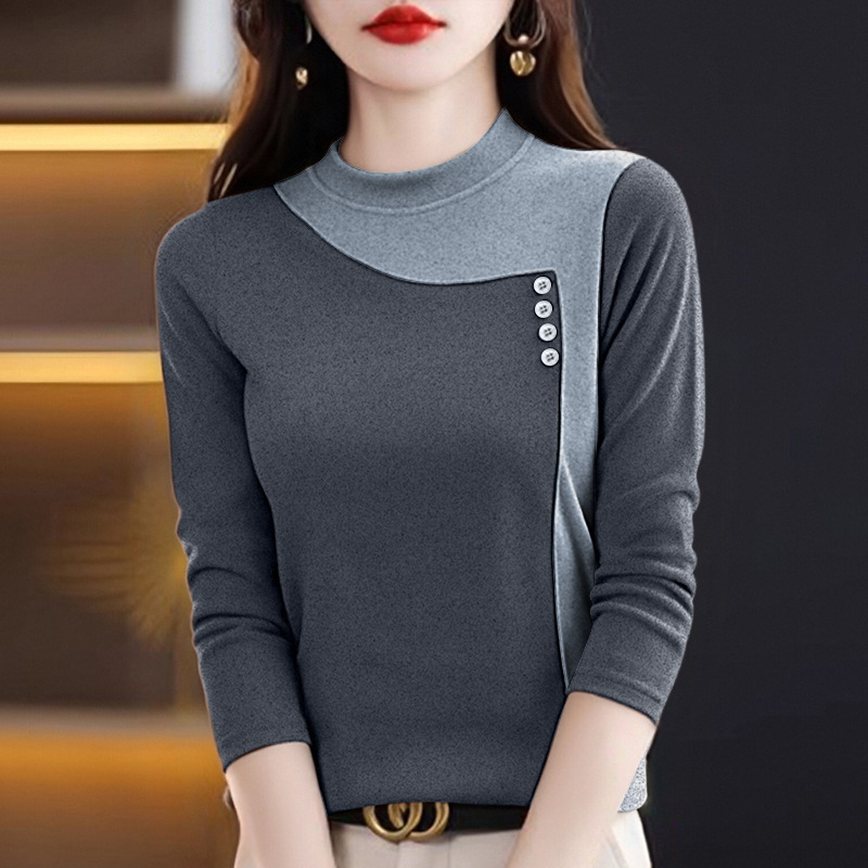Autumn and Winter Popular Mother's Clothing, Velvet Fleece-Lined Half Turtleneck Color Matching Top, Buttons Decorated to Enhance the Sense of Luxury Autumn and Winter Popular Mother's Clothing, Velvet Fleece-Lined Half Turtleneck Color Matching Top, Buttons Decorated to Enhance the Sense of Luxury