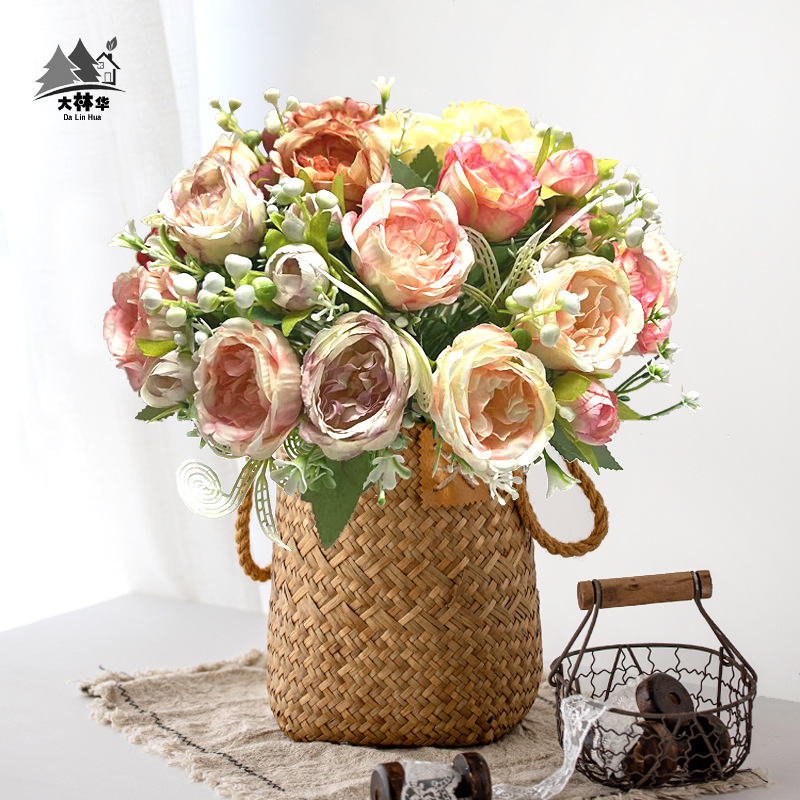 5-Headed Artificial Rose and Peony Flower Set for Wedding & Home Decor – Fake Flowers for Cross-Border Trade