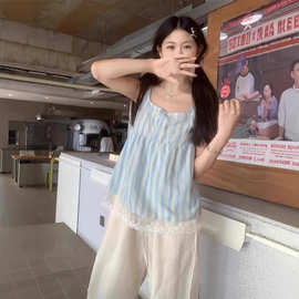 韩系女装夏季条纹吊带背心蕾丝拼接外穿小个子无袖上衣