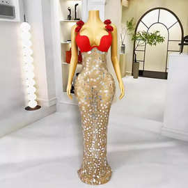 欧美性感红玫瑰水钻镜片长裙酒会派对红毯时装展礼服演出服花滑石