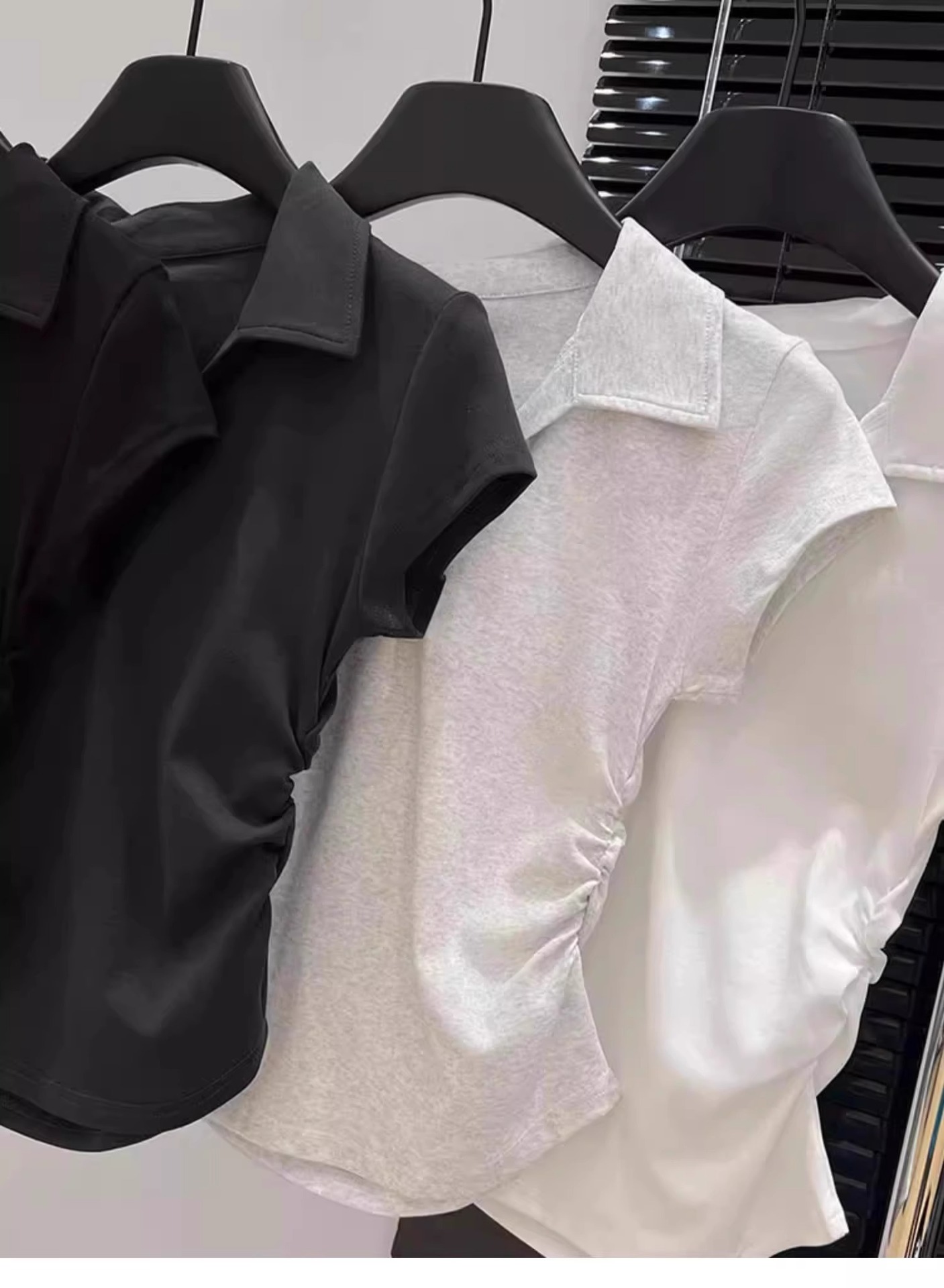 Women's Clothing Slim Fit Polo Collar Top Short Sleeve Ruched V Neck Grey T-Shirt Stylish Fitted Hot Girl Look Summer_voghion.com