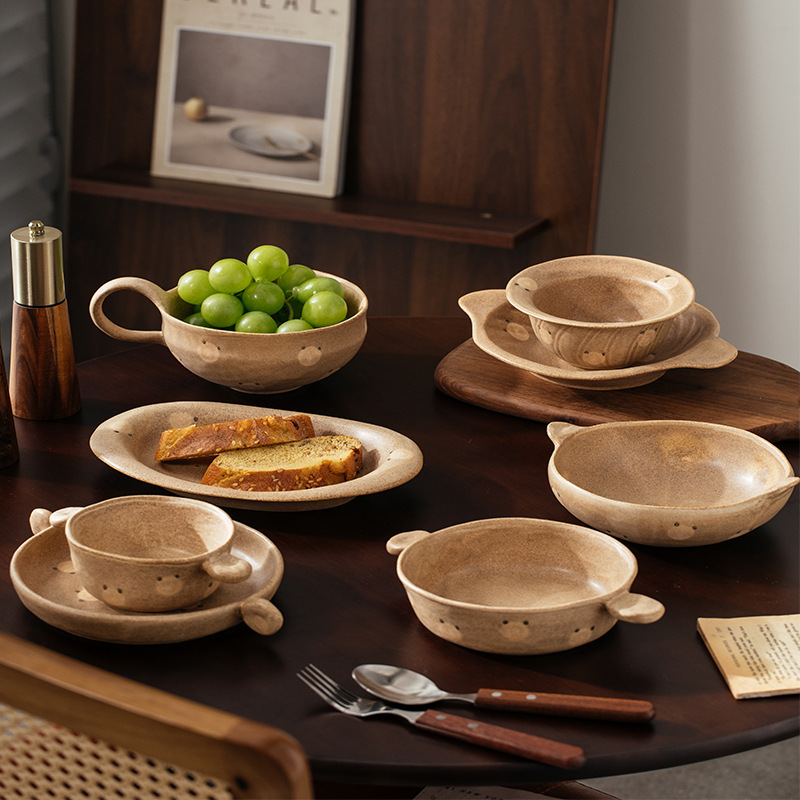 美家荟新款手捏陶瓷咖啡杯碟套装波点小熊卡通图案复古马克杯茶杯