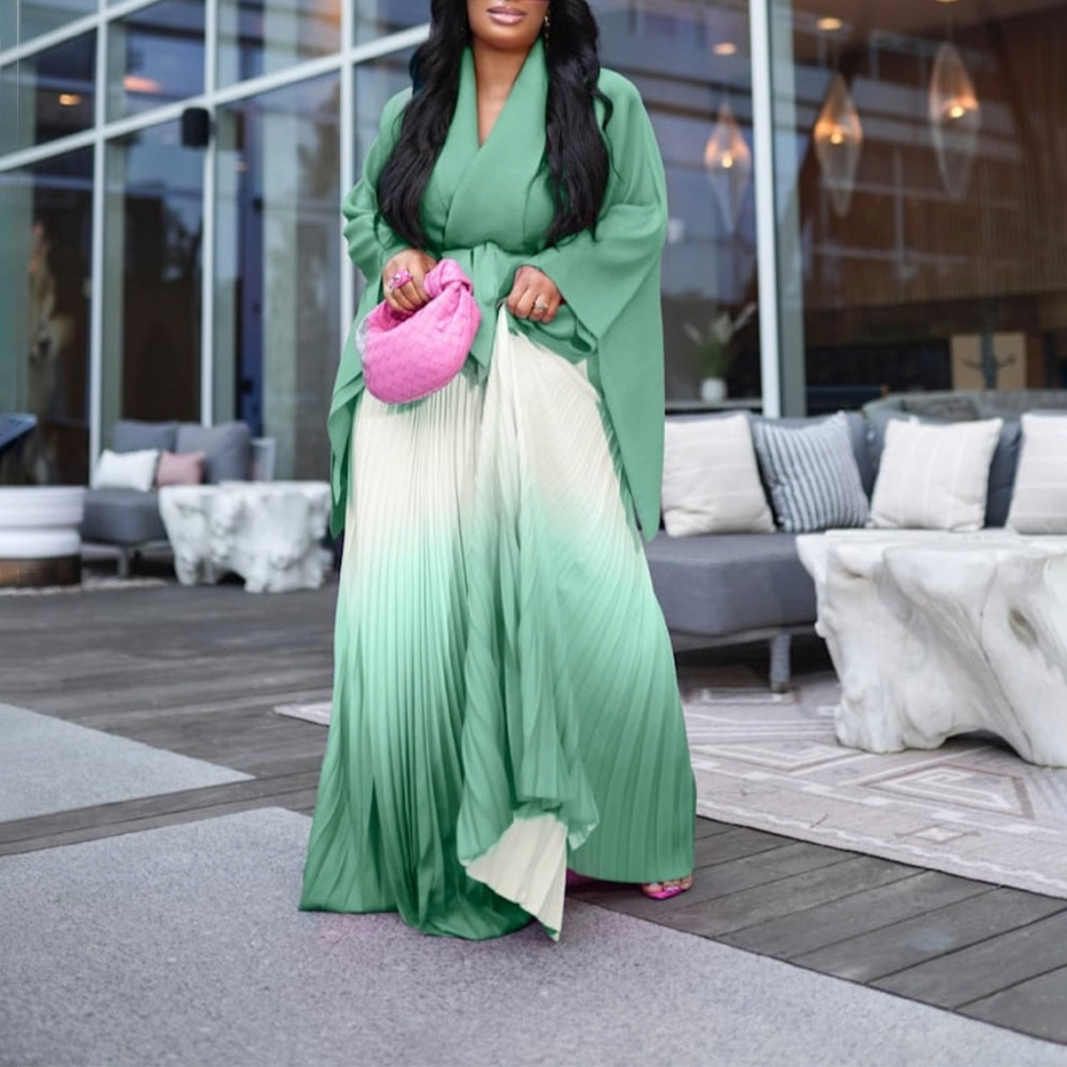 Damenbekleidung plissierter unregelmäßiger Schnürer oben mit Farbverlaufsrock zweiteiliger Anzug_voghion.com