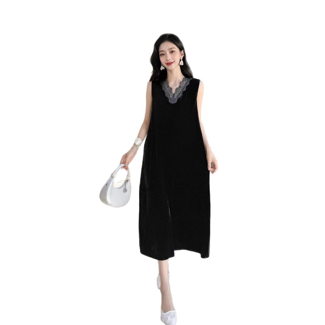 Silk velvet black solid color fashionable elegant lace summer dress…