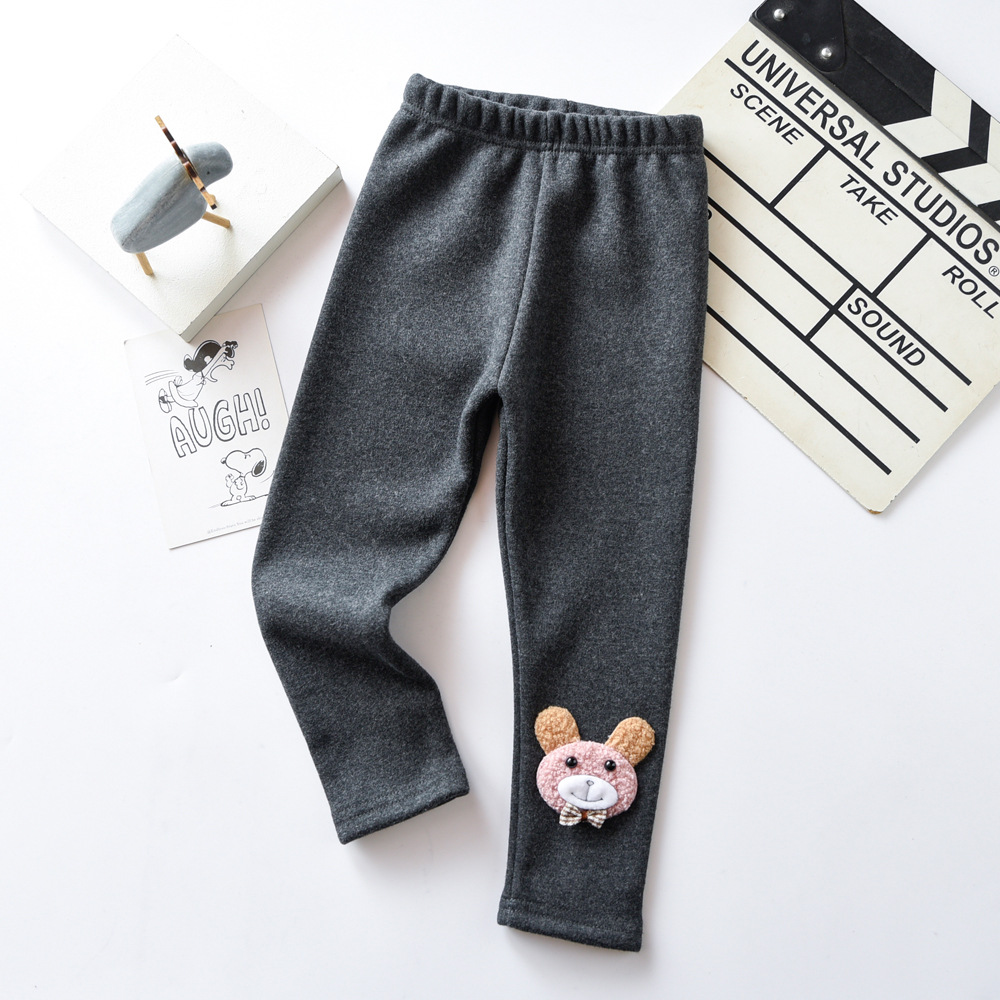 2023 winter plush girls' leggings with smooth color composite Orly velvet bow tie and teddy bear 95 cotton elastic quality children's pants