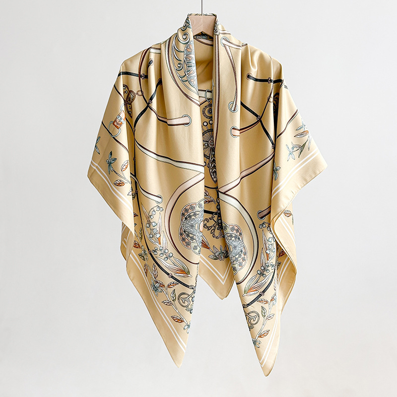 Toalla cuadrada impresa de nicho de estilo étnico de tendencia creativa, foto de fotografía de mujer de primavera y verano con bufanda fina de sarga