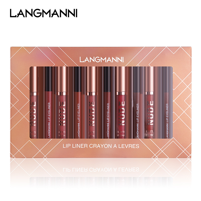 Langmanni跨境新款彩妆唇彩唇线笔组合12支套装不沾杯哑光套装