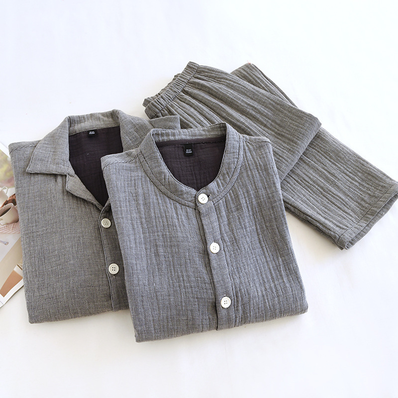 New Men's Four-Layer Pure Cotton Gauze Thickened Pajamas Spring and Autumn Men's Home Wear Set New Men's Four-Layer Pure Cotton Gauze Thickened Pajamas Spring and Autumn Men's Home Wear Set