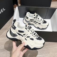 網紅厚底老爹鞋女2023新款秋季真皮百搭女鞋氣墊底休閒運動鞋