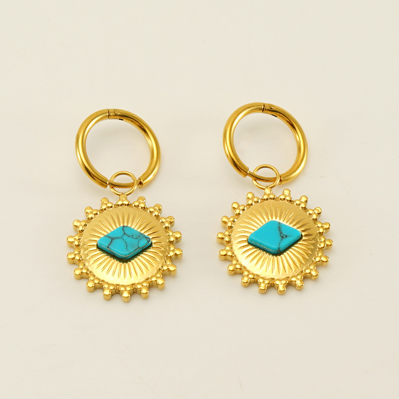Pendientes de girasol de acero inoxidable estilo étnico transfronterizo azul turquesa Polka Dot retro pendientes bohemios de estilo nacional para las mujeres