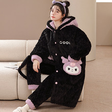 珊瑚绒睡袍女冬三层加厚加绒夹棉套装长袍法兰绒长款家居服
