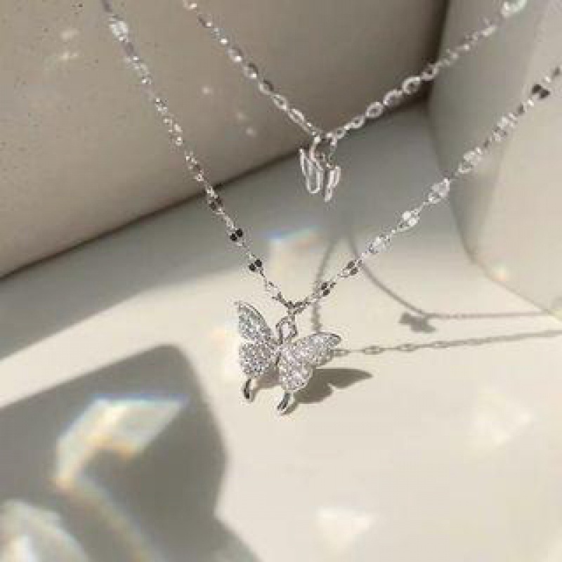 Double layer butterfly pendant silver necklace # Xl086
