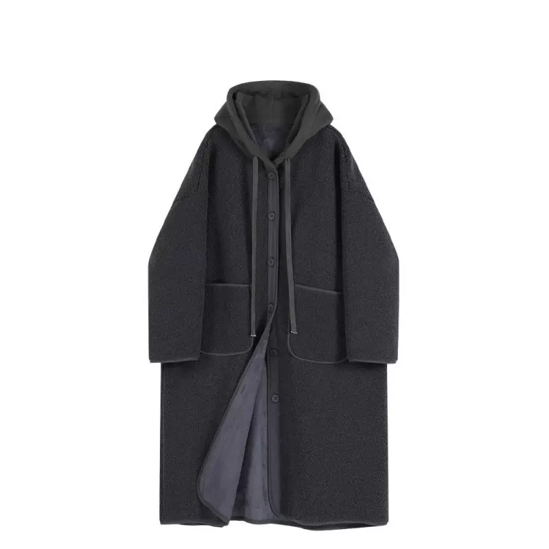 2025冬季新款文艺宽松大码女装连帽皮毛一体中长款大衣羊羔毛外套