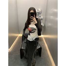 网纱打底y2kT恤长袖辣妹印花千禧性感显亚妹