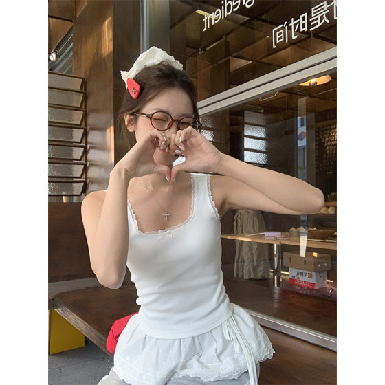 Pure Desire Style White Lace Seaside Wear Camisole Women's Spring and Summer Bow Slim Fit Inner Spice Top