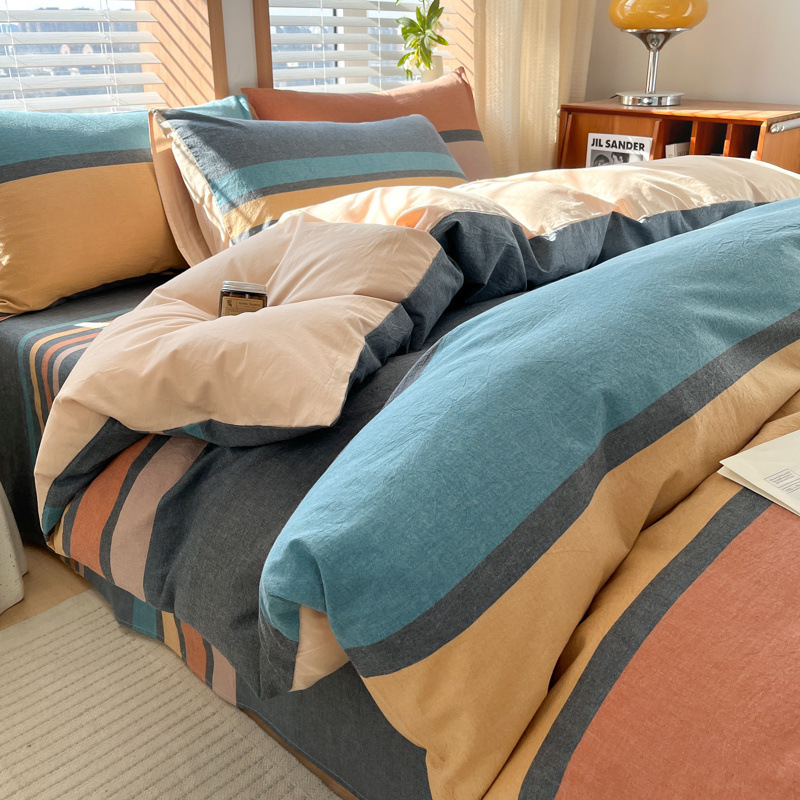 Juego de cuatro piezas de algodón lavado teñido en hilo para estudiantes 2025 nuevo juego de sábanas de edredón de dormitorio de estudiantes de tres piezas