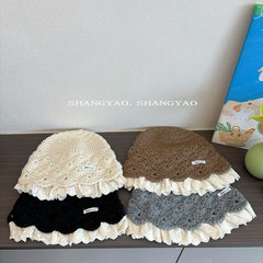 韩版甜美风儿童帽子针织渔夫帽秋冬花边百搭手工毛线帽盆帽亲子款