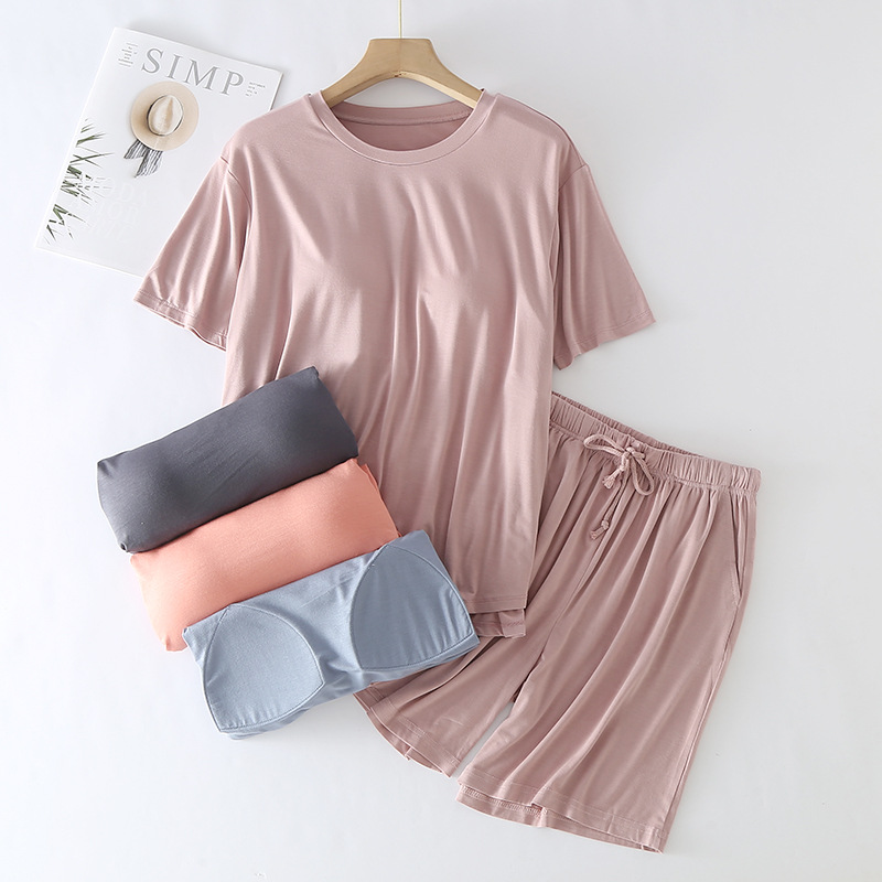 Chest pad pajamas women's viscose modal summer short-sleeved shorts home wear thin loose home bra-free suit