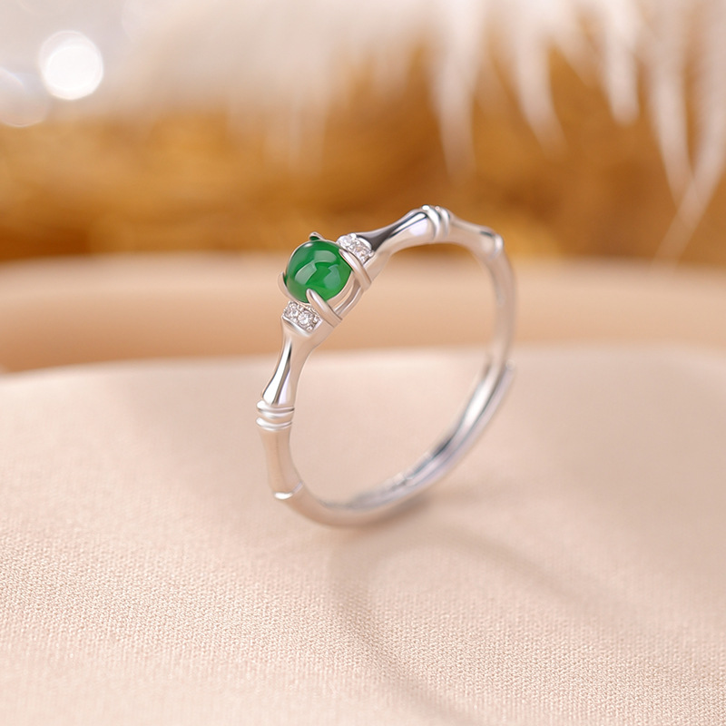 Nhẫn bạc S925 mở điều chỉnh hạt tròn treo ngọc bích hình hươu — Mở một size