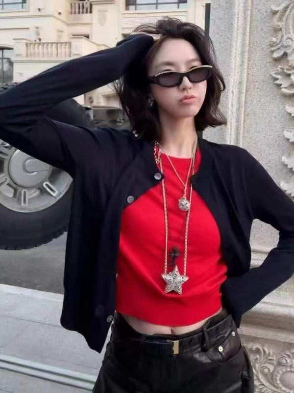 拼接假两件针织衫女2025早秋新款小众小个子设计感简约针织开衫女|undefined
