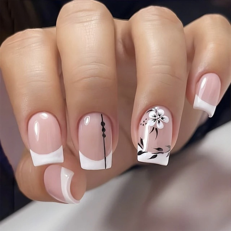 Wear armor wholesale white French flower black leaf short nail wear nail press on nail