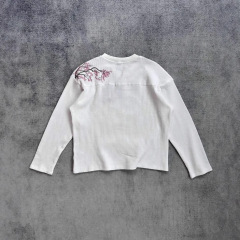 ヨーロッパとアメリカのダーシュツェ ブロッサム 梅刺繍 Tシャツ メンズ ルーズ カジュアル ホワイト ラウンドネック 長袖 トップス