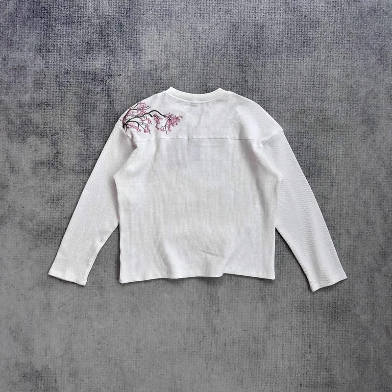European and American Derschutze Blossom Plum Blossom Embroidered T-Shirt Men's Loose Casual White Round Neck Long-Sleeved Top