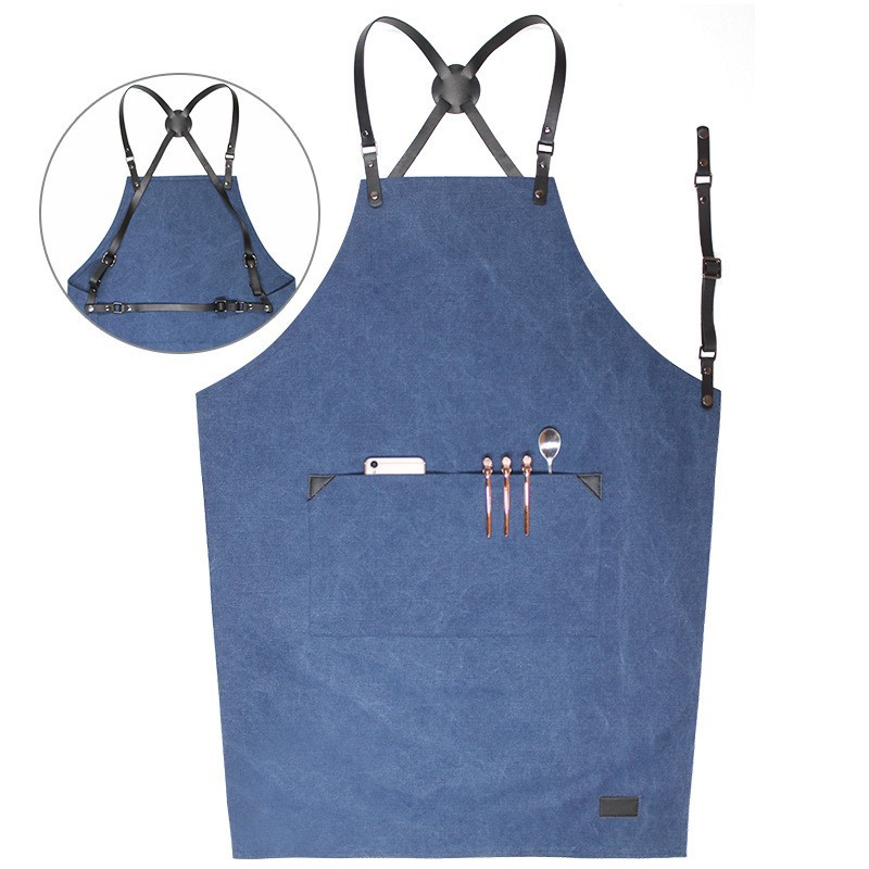 Comercio exterior delantal de lona gruesa peluquería cafetería panadería ropa de trabajo PU cuero correa ajustable delantal al por mayor