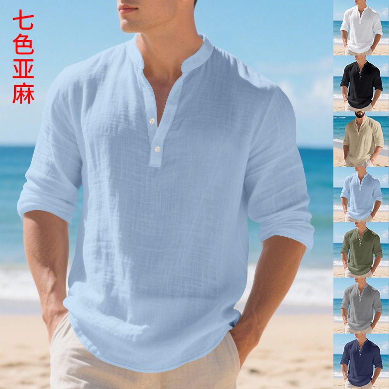 Cross-Border Amazon American Linen Autum Hot-Selling Men's Loose Casual Breathable V Neck Henley Shirt Long-Sleeved T-Shirt for Men