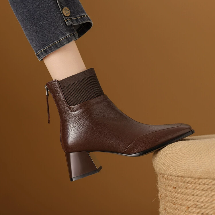 Овчинный трикотаж с толстым каблуком сапоги женский 2024 осень и зима новая квадратная головка дикая поездка после поездки на молнию тонкие сапоги