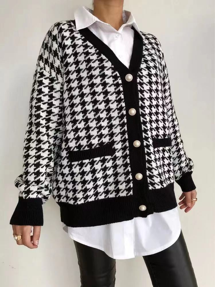 Nihaostyle Clothing Wholesale houndstooth knitted cardigan NSQYS66624