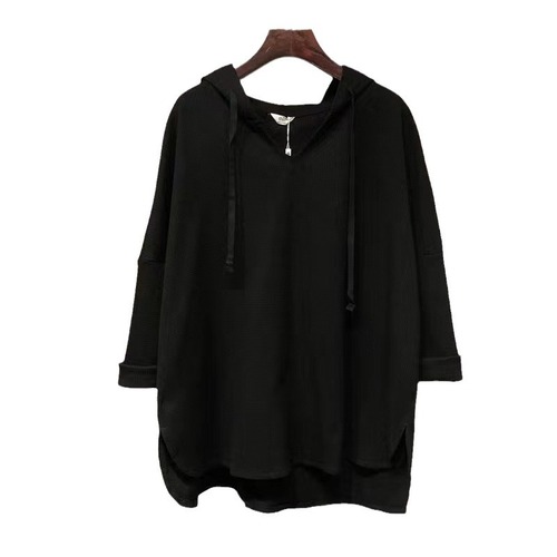 Spring and Autumn Fat MM 300 Pounds Large Size Loose Thin Honeycomb Medium Length Hooded Versatile Long Sleeve T-shirt Top for Women