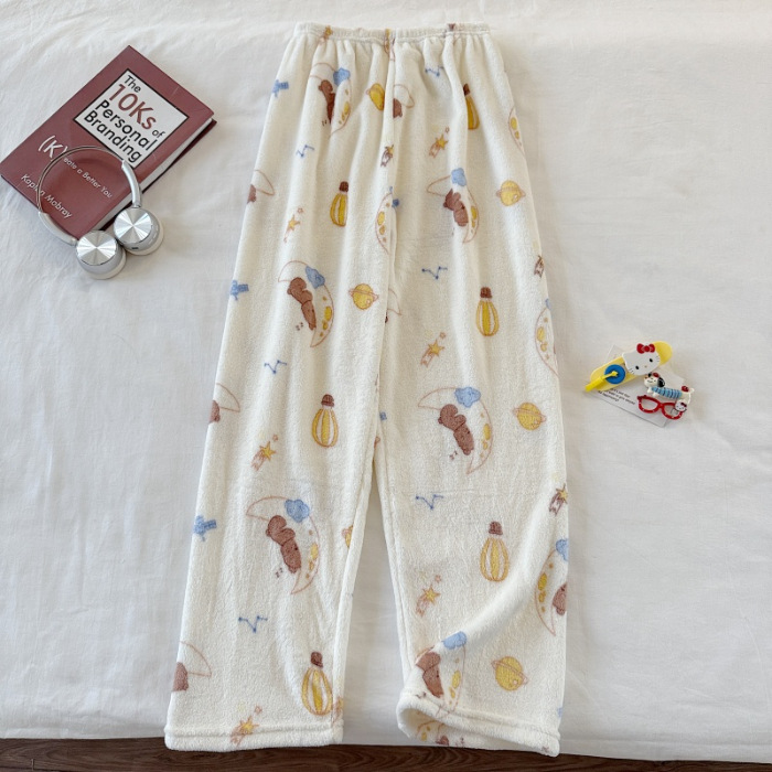 Invierno nuevo pantalones cálidos de franela estilo de caricatura coreano para mujeres más grueso y terciopelo cálido para el hogar pijamas de lana se pueden usar fuera
