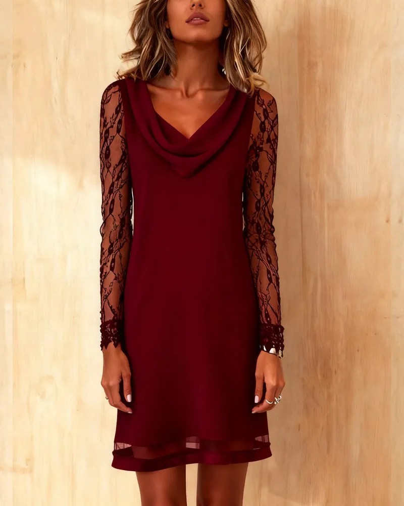 Vestido longo elegante em renda e tule com mangas compridas e decote em camadas para mulheres – tecido de malha respirável, silhueta em A, versátil para o trabalho e ocasiões casuais._voghion.com