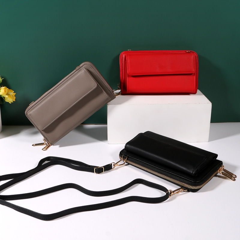 2022新款純色手機包女 可觸屏時尚拉鏈女士錢包 休閑單肩斜跨包包