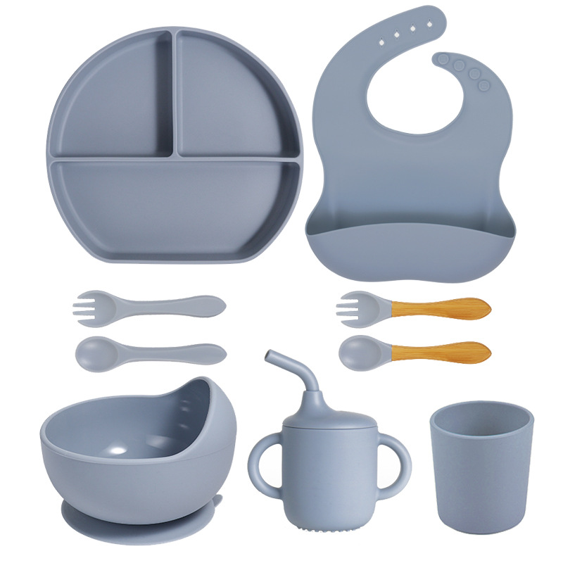 Precio bajo de la fábrica libre combinación de silicona bebé placa niños suplemento alimenticio tazón cuchara taza de agua babero traje