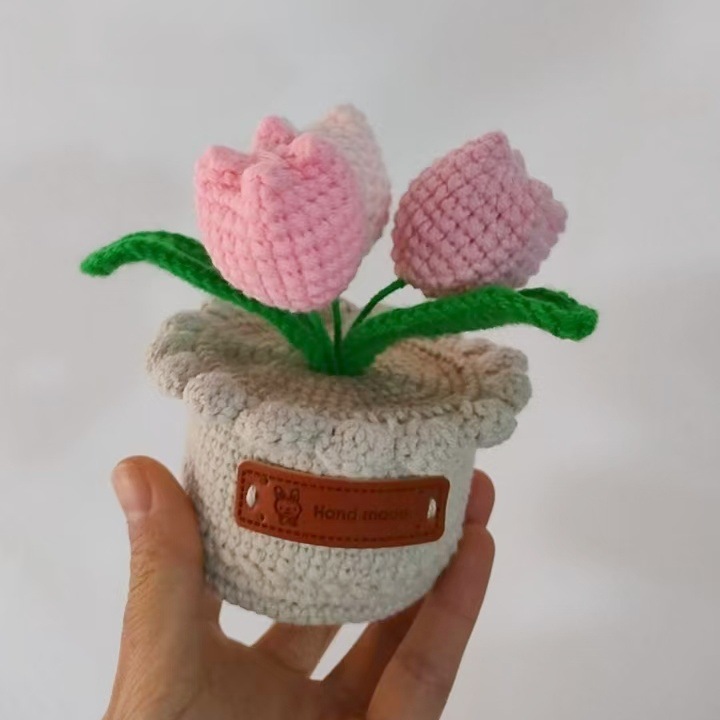 Hockey artesanal puro tulipán adornos imitación de flores regalos de lana de punto ramo de flores de imitación de maceta de tejido