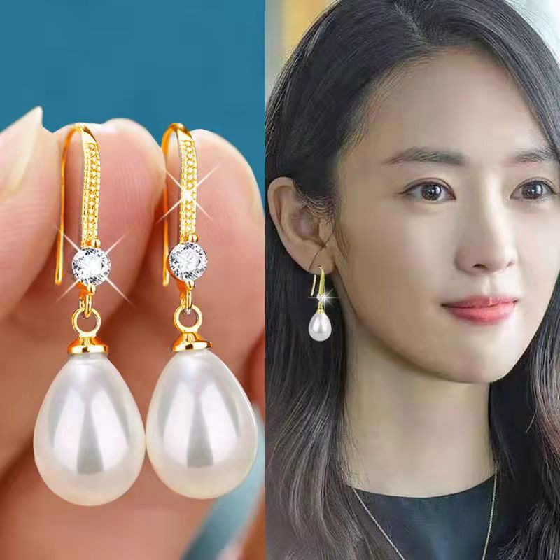 Cross-Border Jewelry Wish Amazon Aliexpress Water Drop Pendant Oval Pearl Earrings Bridal Earrings Earrings