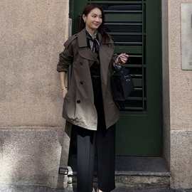 新款感羊毛双排扣千鸟格设计双排6粒扣橄榄绿翻领风衣外套146