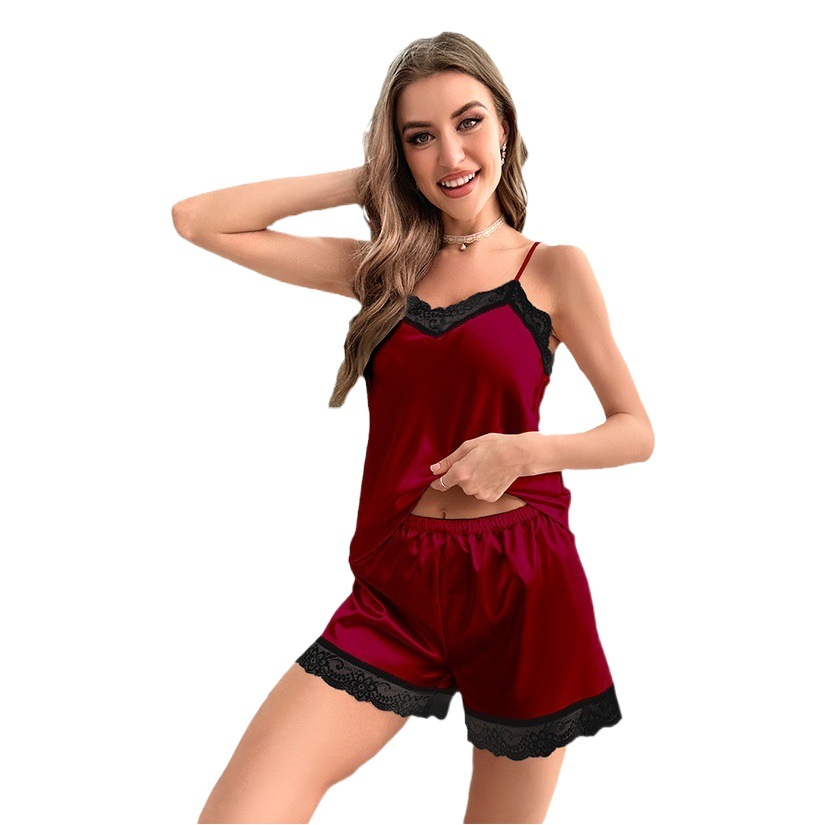 Yaoting Amazon nuevo desgaste del hogar de las mujeres satén encaje camisola pijamas verano Pantalones cortos traje 3159