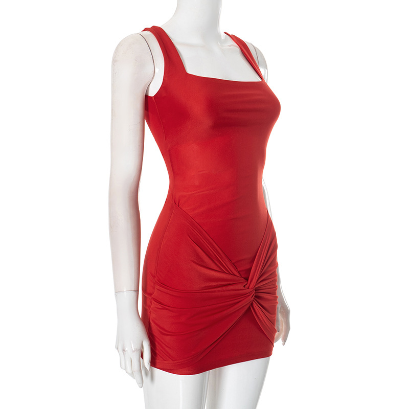 Women Clothing Square Collar Sleeveless Slim Fit Twisted Elegant Graceful Hip