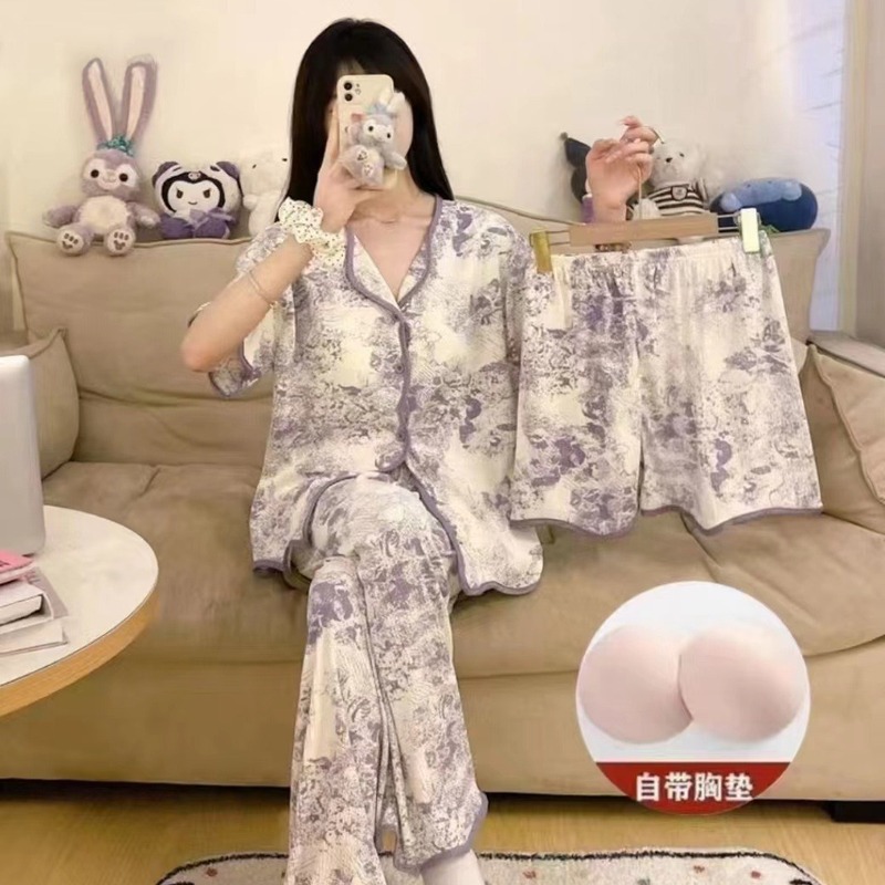 女性用胸パッド付きクロスボーダーパジャマ、サマーカーディガン、半袖ショートパンツ、パンツ、ヨーロッパとアメリカンスタイルのホームウェア3点セット|undefined