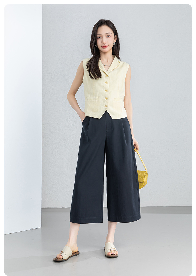 Quần culottes nữ ống rộng cạp điều chỉnh xếp ly mùa hè — màu xanh navy chi tiết 22
