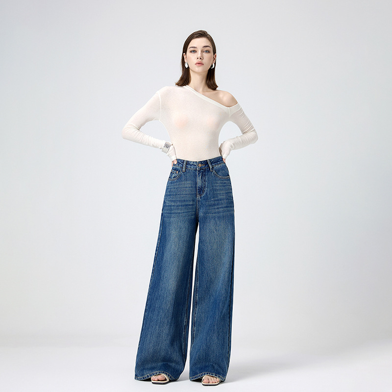 Set also high waist face-to-face bullet barrel beep pants women's 2025 spring loose slim straight horn floor-mopping jeans blue