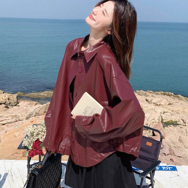 Red PU Leather Coat Women's Short 2025 Spring New Arrival Loose Casual Retro Leather Jacket Top