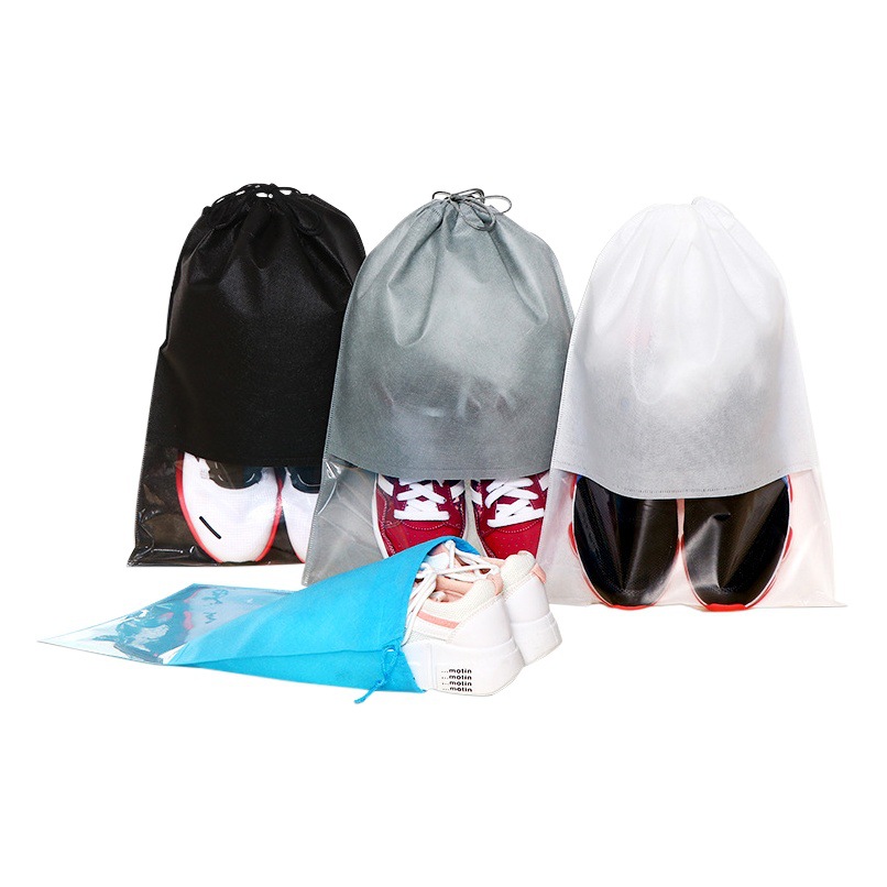 Bolsa de zapatos bolsa de almacenamiento de zapatos ventana transparente tela no tejida bolsa de cordón a prueba de polvo bolsillo con cordón logotipo imprimible